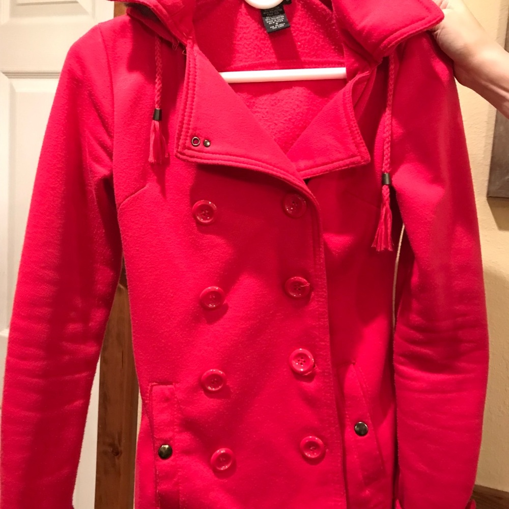 Pink pea coat with removable fur hood